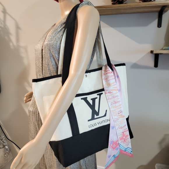 Final Price✅️ 1 Set Canvas Fabric Tote Shoulder Bag And Twilly Scarf - Picture 1 of 11